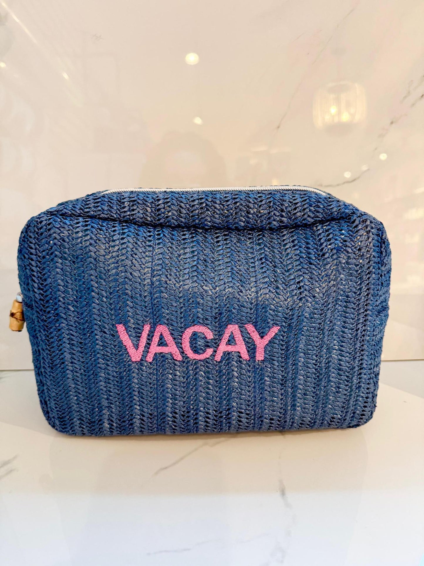 Embroidered Big Glam Blue Straw Cosmetics Bag