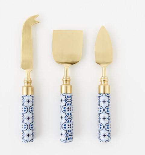 Three Piece Cheese Knives in Blue and White