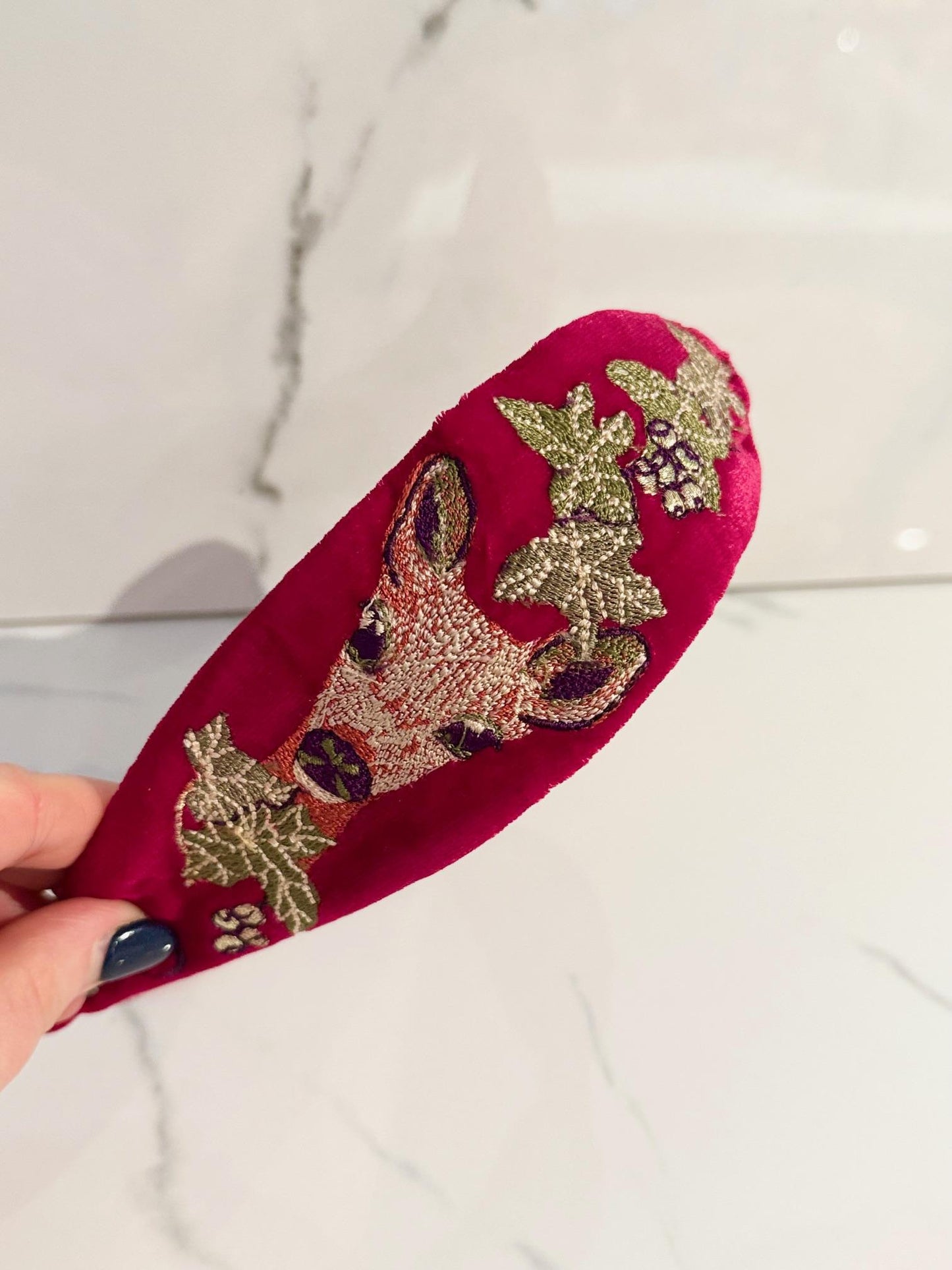 Embroidered Doe Velvet Headband in Fuschia