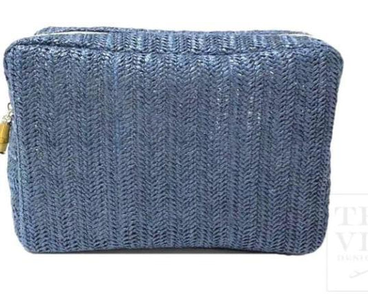 Embroidered Big Glam Blue Straw Cosmetics Bag